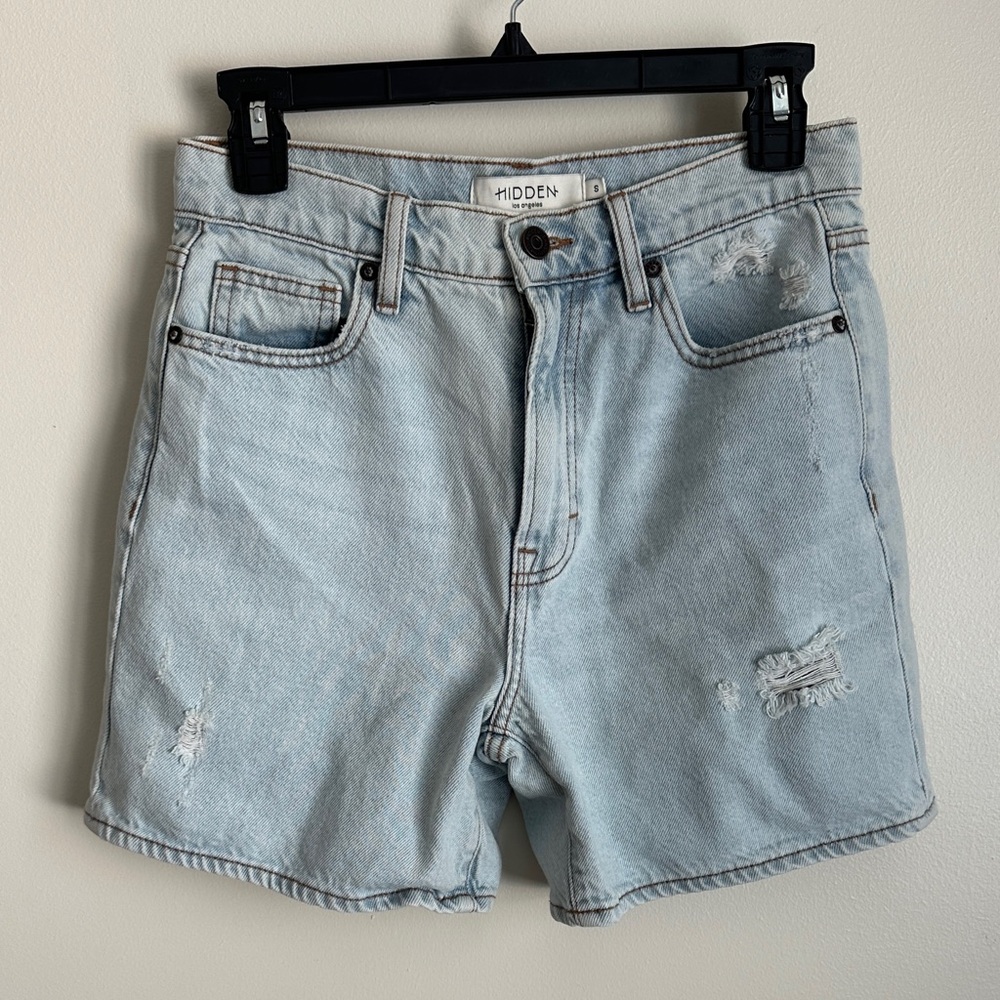 Hidden Light Blue Women's Distressed Mom Jean Shorts
